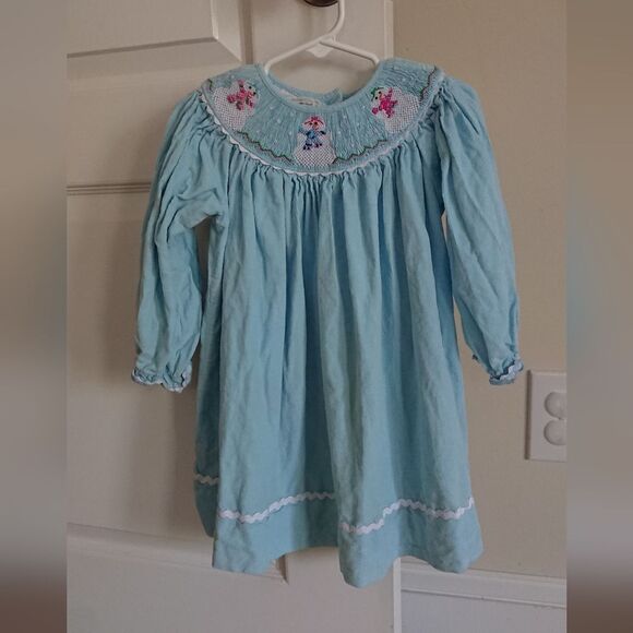 Marmellata light Blue CORDUROY Santa Smocked Bishop Dress size 2T - Picture 1 of 11